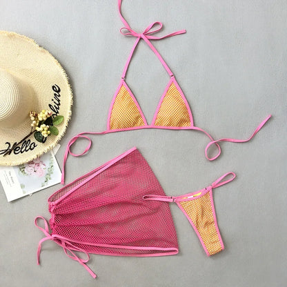 SINGREINY Mesh Sheath Sexy Bikini Sets Female Mini Camis Briefs+Short Skirt Set Fashion Drawstring Sensual Beach 3 Pieces Suits