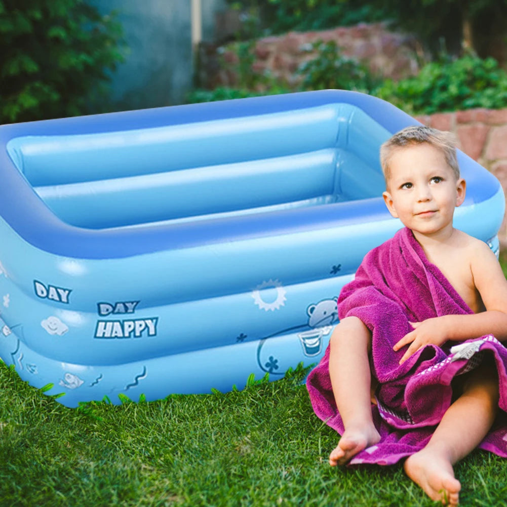 Inflatable Blow Up Swimming Pool Indoor Outdoor Rectangle Kid Bathing Tub Toddler Water Game Play Center 3 Rings Cartoon Printed