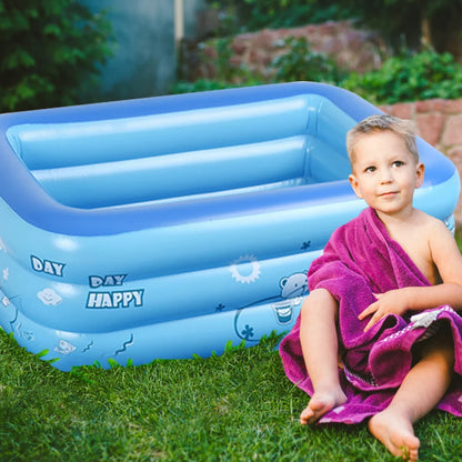 Inflatable Blow Up Swimming Pool Indoor Outdoor Rectangle Kid Bathing Tub Toddler Water Game Play Center 3 Rings Cartoon Printed