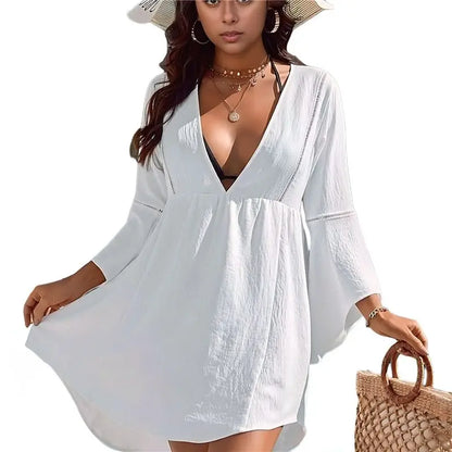 ABHT-Womens Swimsuit Coverup V Neck Chiffon Bathing Suit Beach Dress Flowy Swim Bikini Cover Up