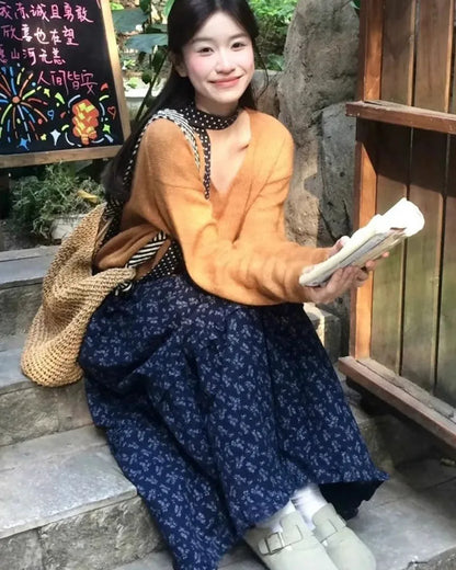 New Elegant Dark Blue Floral Women High-Waisted Retro Blue Floral Skirt Female A-line Skirt Casual Lazy Wind Long Skirt