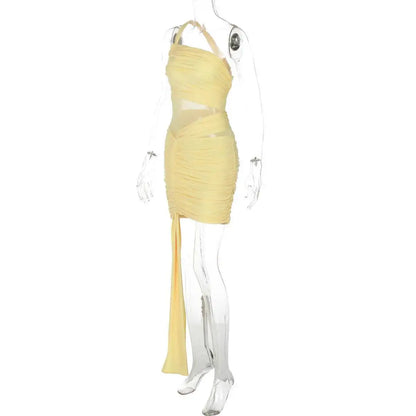 Avrilyaan Mesh Patchwork Backless Sexy Dress Women 2025 Nightclub Party Dress One-Shoulder Ruched Bodycon Mini Summer Dress