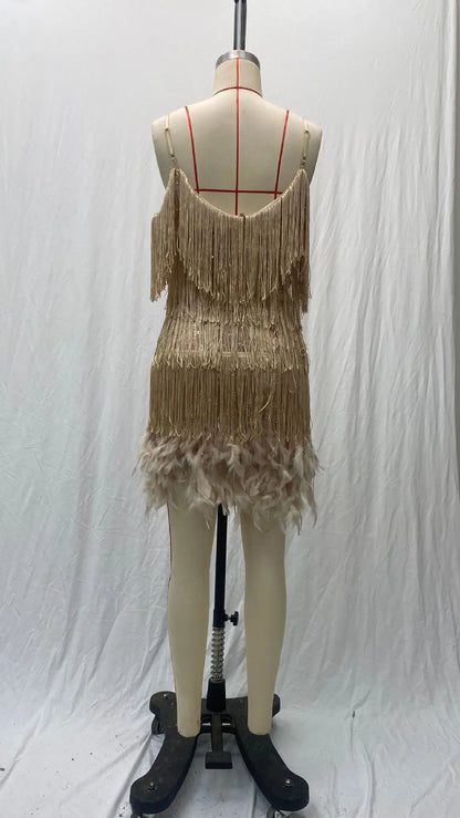 Summer Fashion Elegant Tassel Sequin Dress Women's Sexy Slim Sleeveless V-neck High Waist Suspender Feather Stitching Dresses