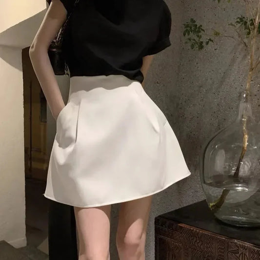 Lucyever Black White High Wiast Puffy Short Skirts Women All-Match Y2K Pocket A-Line Skirt Female Korean Work Style Suit Skirt
