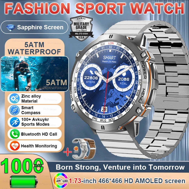2025 New Outdoor Military Smart Watch Men 1.73" AMOLED IP69K 5ATM Waterproof 1000mAh Super Large Battery BT Call Smart  Watches
