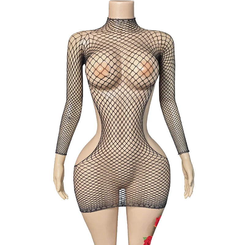 Women Fishnet Long Sleeve Bodycon Underwear Bodysuits Mesh Hollow Mini Dresses Sexy Crotchless Lingerie Erotic Teddies Bodysuit