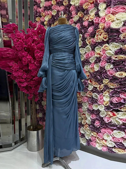 Fashion Lantern Sleeves Autumn Party Dress 2025 Elegant Solid Color Lace Up Dress Ladies O-neck High Waisted Pleated Long Dress
