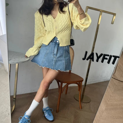 Chic High Waist A-Line  Skirt Women's Jeans ort Skirt Spring Vintage Slimming Splicing Hemming Girl's Faion Commute
