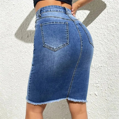 Fashion High Waist Denim Skirt Women Tassel Decoration Hem Wrap Hip Half-body Dress Female Summer Daily Casual Trend Streetwear