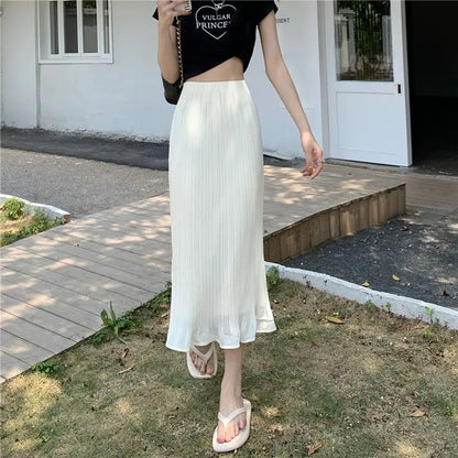 Summer New Fashion Solid Spring Wrapped Hip Fishtail Skirt Women Patchwork Elastic Waist Elegant Gentle Mid Length A-line Skirts