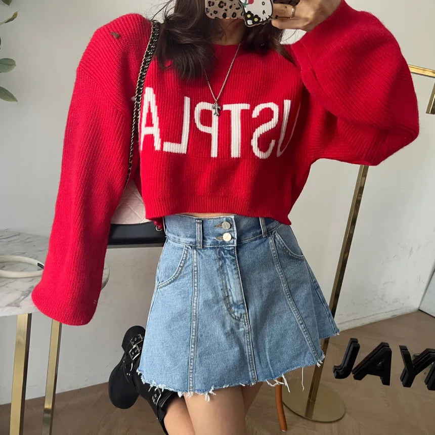Chic High Waist A-Line  Skirt Women's Jeans ort Skirt Spring Vintage Slimming Splicing Hemming Girl's Faion Commute