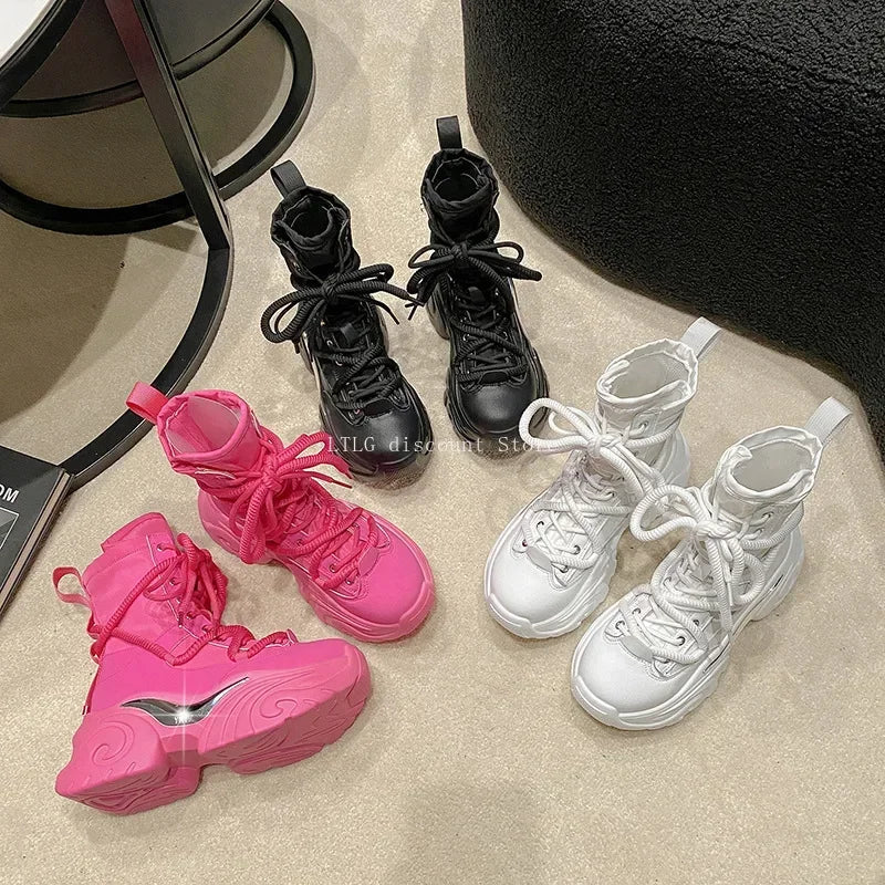 Women's Pink Boots Platform New in  Calf High Boot Woman Winter Girl's Ankle Bootie White Sneakers Trends 2023 Cross Strap Bling