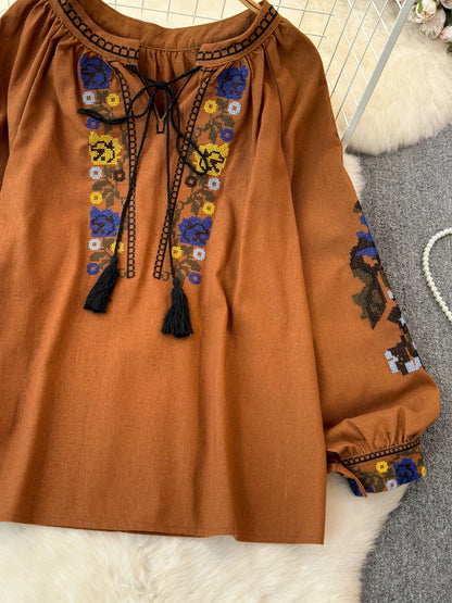 2026 Spring Retro Embroidered Shirt Top Female Lace Up Tassel Loose Lantern Sleeves Ethnic Style Blouse Female A70