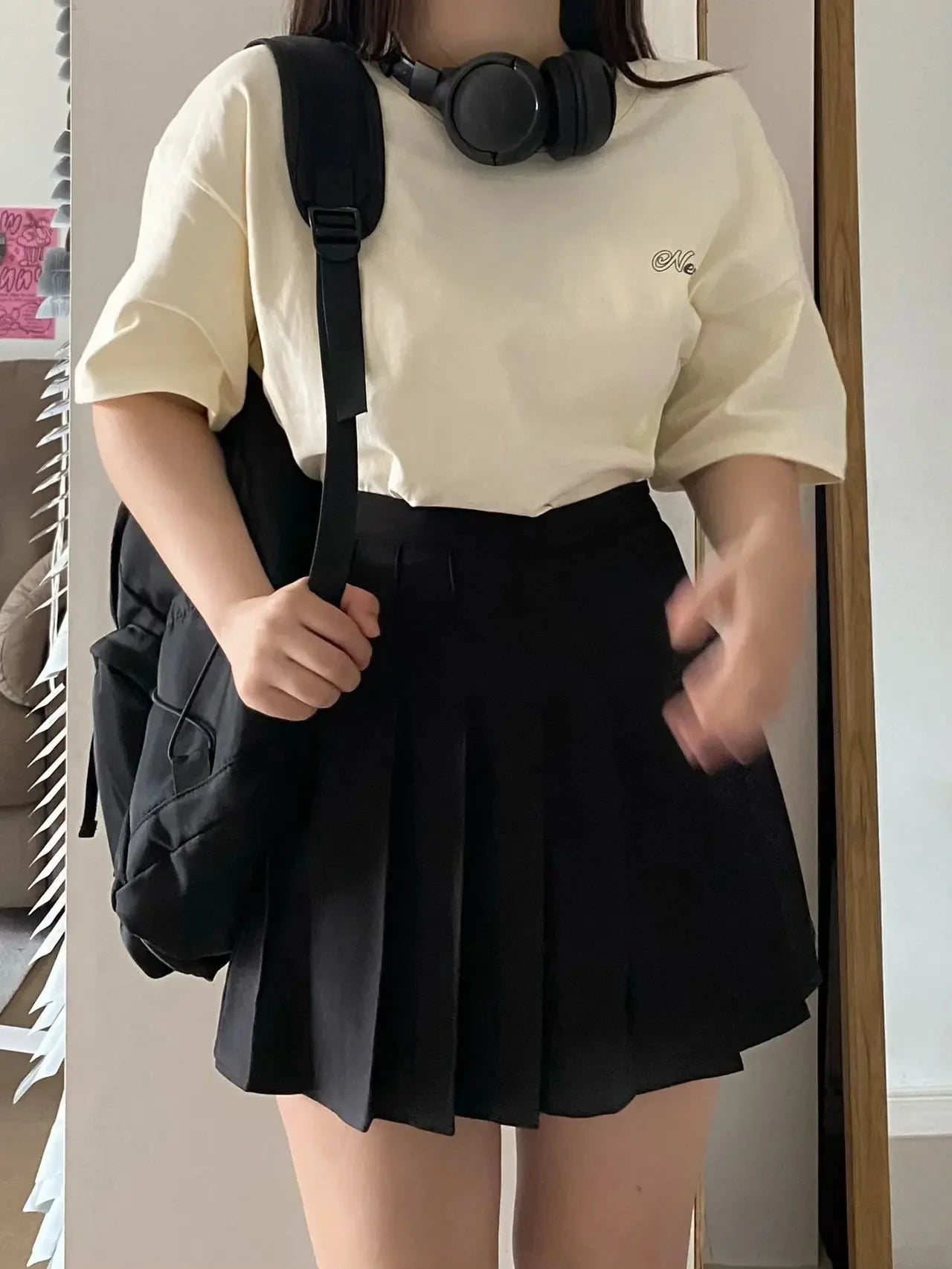 High-Waisted Slimming Pleated Mini Dress Plus Size Black Hip Covering A- Line Skirt Female Academic Style