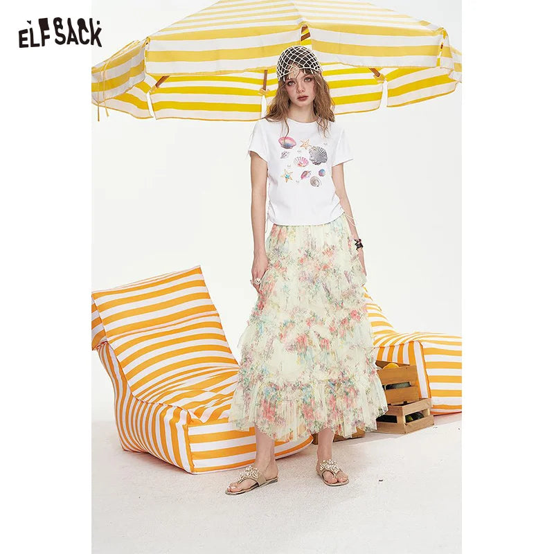 ELFSACK 2025 Summer New Arrivals High Waisted A-Line Floral Chic Skirt For Women