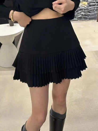 Autumn Winter Vintage Black Grey Versatile Pleated Short Skirt For Women 2025 Brown Temperament High Waist Sexy Mini Skirts Chic