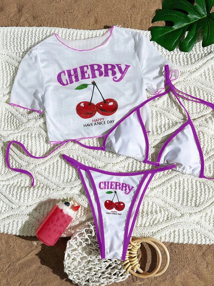 CHERRY Bikini 2026 New Sexy & Fresh Feeling Bathing Suit Three-Piece Swimsuit Print Beach Swimwear 7 Colors Size S-XL Available