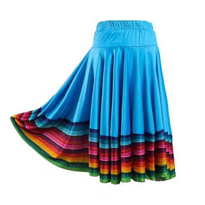 Midi Skirt Ladies Folk Dance Skirt Elastic High Waist Spanish Swing Skirt Rainbow Large Swing Hem Mexican Flamenco Dance Skirts