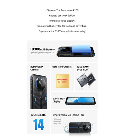 [World Premeire]FOSSiBOT F105 Rugged Smartphone Android 14 OS 10300mAh 12+64GB Mobile Phone 20 MP Camera 6.745" HD+ IPS Phone