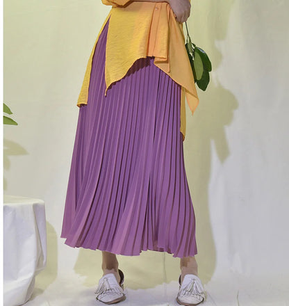 Womens Chic Pleated Swing Long Skirt with Liner Korean Fashion Kawaii Elastic High Waist OL Chiffon Shirring Mermaid Skirts K77