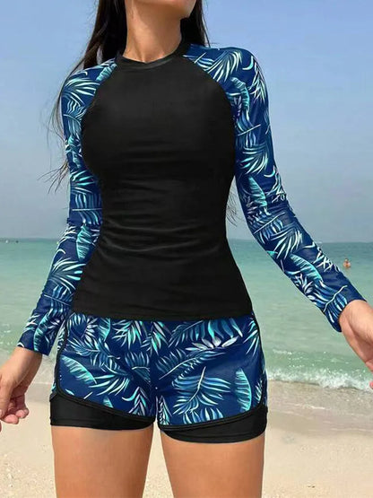 New 2026 Women's Vintage Print Swimsuit Rash Guards Long Sleeve Swimwear Surfing Sports Pool Swimming Suit Two-Piece Bath Suits