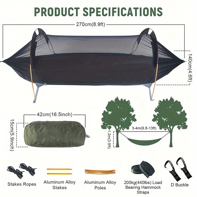 Camping Hammock Tent With Mosquito Net And Rain Fly For 1 Persons Backpacking Bed Lightweight Waterproof Hiking Backyard Outdoor