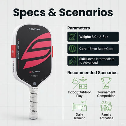 SLK LABS Project Boomstik Elongated Pickleball Paddles High Spin Control Large Sweet Spot BoomCore MOI Tuning USAP Approved