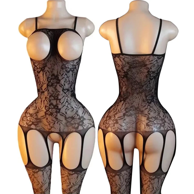 Women Fishnet Long Sleeve Bodycon Underwear Bodysuits Mesh Hollow Mini Dresses Sexy Crotchless Lingerie Erotic Teddies Bodysuit