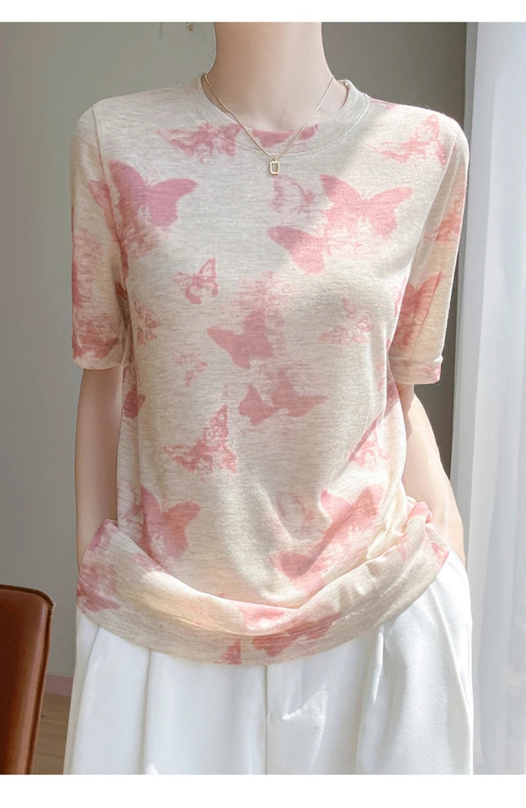 Spring And Summer New Lyocell Short Sleeve Sweater Loose Thin Half Sleeve T-shirt Printed Top
