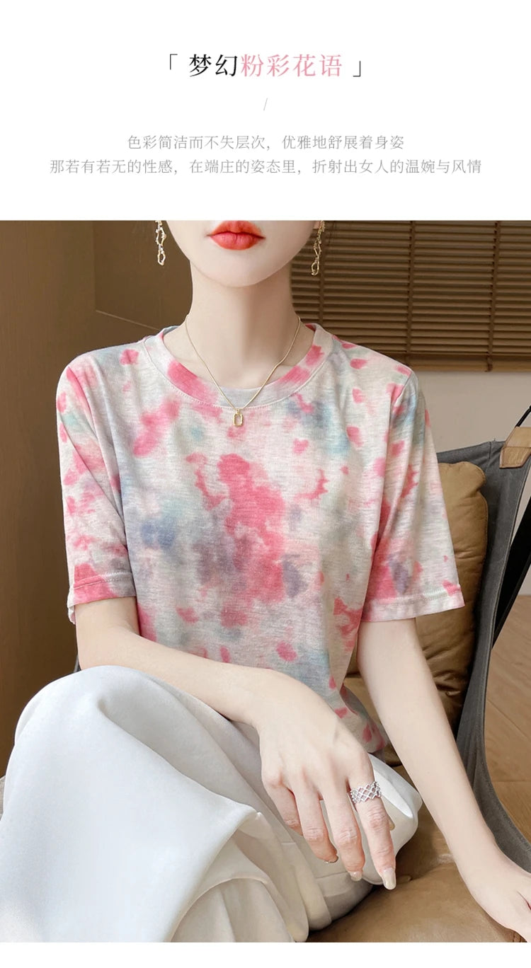 Spring And Summer New Lyocell Short Sleeve Sweater Loose Thin Half Sleeve T-shirt Printed Top