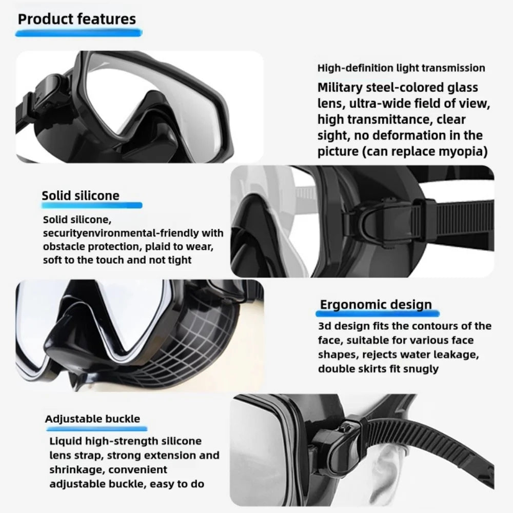 Diving Mask Snorkel Set For Adults Tempered Glass Scuba Professional Panoramic Snorkeling Gear Swimming Training Snorkel Kit