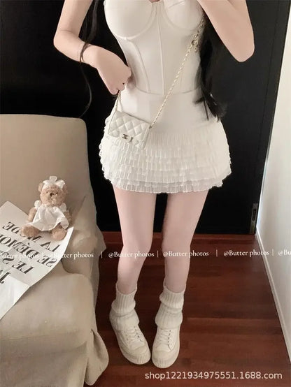 Sweet And Spicy Korean Style High Waist Pleated Mini Skirt Women's Summer New Fashion Lace Wrap around Short Skirt