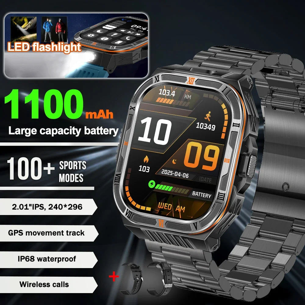 New 1100mAh Big Battery Smart Watch Men Outdoor Compass Bluetooth Call IP68 Waterproof Sports 2.01 Inch Flashlight Smart Watch