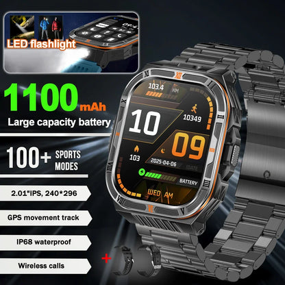 New 1100mAh Big Battery Smart Watch Men Outdoor Compass Bluetooth Call IP68 Waterproof Sports 2.01 Inch Flashlight Smart Watch