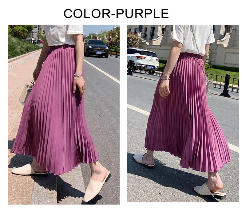 Womens Chic Pleated Swing Long Skirt with Liner Korean Fashion Kawaii Elastic High Waist OL Chiffon Shirring Mermaid Skirts K77
