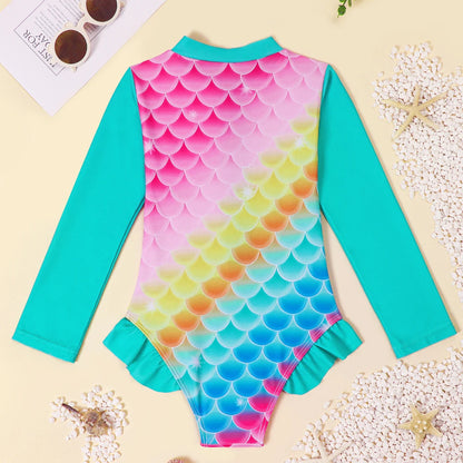 Girls Long Sleeve Swimwear One Piece Swimsuits Kids Striped Rainbow Bathing Suit Hawaiian Beach Swim Shirts for Surfing