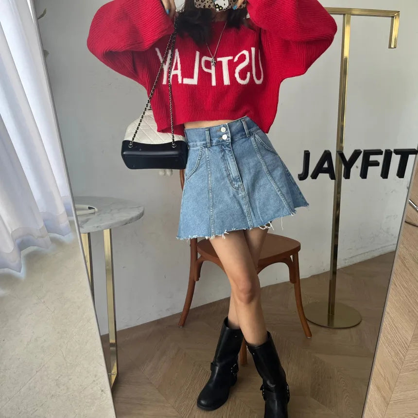 Chic High Waist A-Line  Skirt Women's Jeans ort Skirt Spring Vintage Slimming Splicing Hemming Girl's Faion Commute