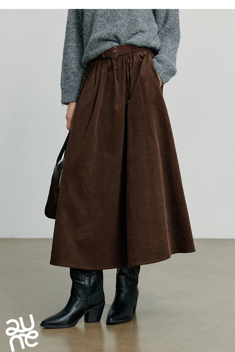 TOYOUTH Women Skirt 2025 Autumn New Corduroy Pure Cotton Ankle Length Umbrella Skirt