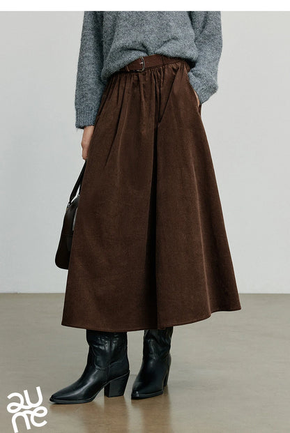 TOYOUTH Women Skirt 2025 Autumn New Corduroy Pure Cotton Ankle Length Umbrella Skirt