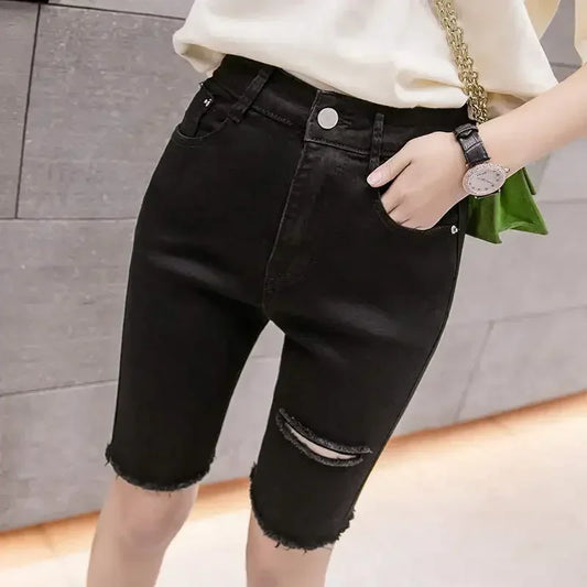 Black White Straight Stretch Denim Shorts Women Midi Jeans Summer Shorts Women Streetwear Hole Ripped High Waist Shorts C7336