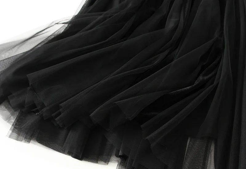 2025 Autumn Winter Velvet Mesh Patchwork Midi Skirts Women Korean Style Casual High Waist Elegant Long Skirts