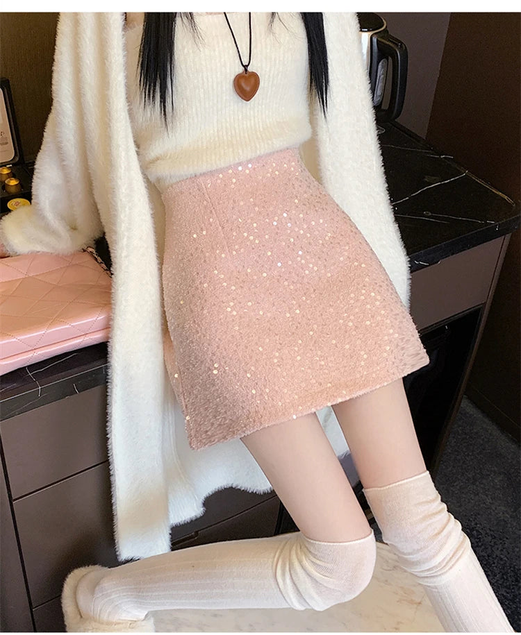 Fashion Y2K Streetwear Winter Mini Skirt Women Glitter Sequin Bodycon Tweed Skirts With Shorts A-Line Pink White Black Faldas