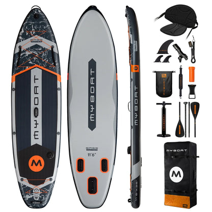 Myboat BASS HUNTER Grey SUB Waterproof Inflatable Paddle Board 11'6''x35''x6'' Aquatic Fishing With Accessories SUP сапборд