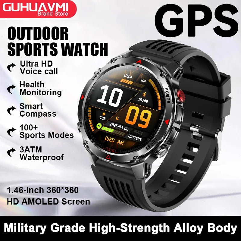 2026 New Outdoor Sport GPS Position Smart Watch Men 3ATM Waterproof Compass Altimeter 540mAh BT Call Fitness Watch