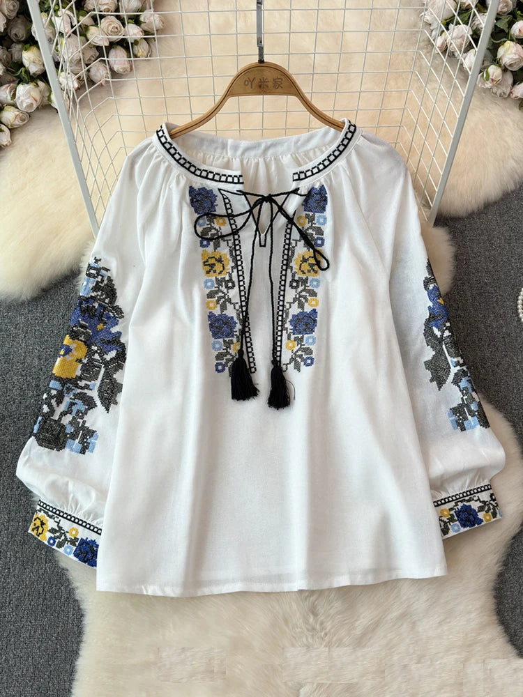 2026 Spring Retro Embroidered Shirt Top Female Lace Up Tassel Loose Lantern Sleeves Ethnic Style Blouse Female A70