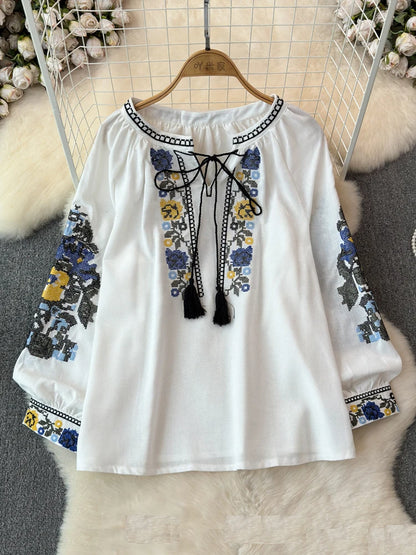 2026 Spring Retro Embroidered Shirt Top Female Lace Up Tassel Loose Lantern Sleeves Ethnic Style Blouse Female A70
