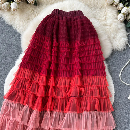 Voille Skirts Women Gradient Y2k High Waist Elastic Jupe Ladies Tulle Mujer Faldas Ruffles Long Female Mesh Skirt Dropshipping