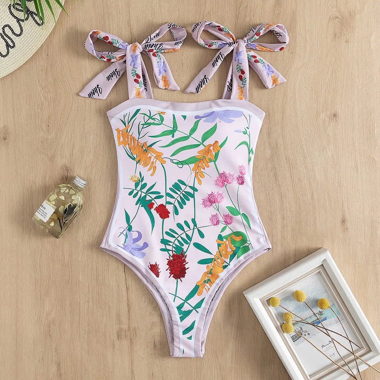 Y2K Fashion Women Floral One Piece Swimsuits Reversible Tie Shoulder Monokini Tummy Control Bathing Suits Square Neck Swimwear