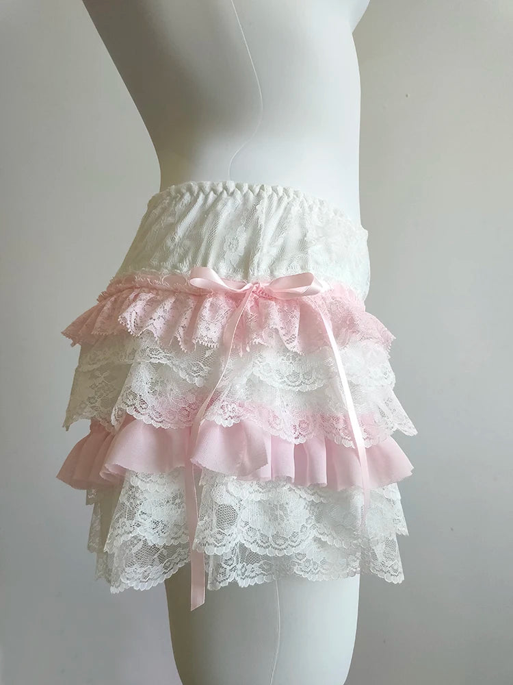 Cute Shorts Women Summer Bow Decoration Pink Lace Patchwork Elastic Waist Lolita Multilayer Bottoming Shorts for Sweet Girls