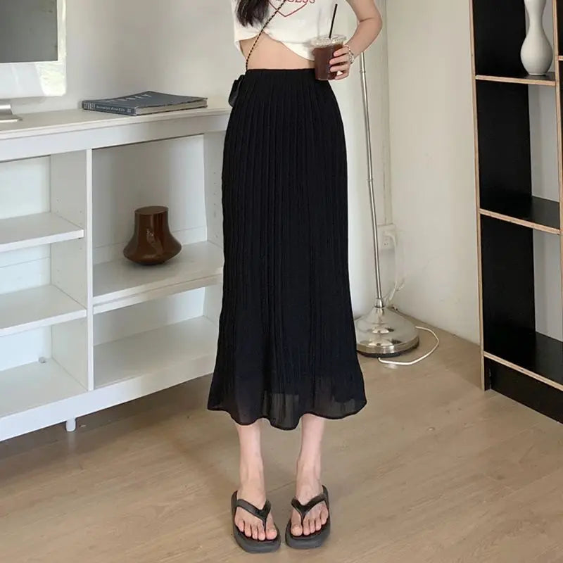 Summer New Fashion Solid Spring Wrapped Hip Fishtail Skirt Women Patchwork Elastic Waist Elegant Gentle Mid Length A-line Skirts
